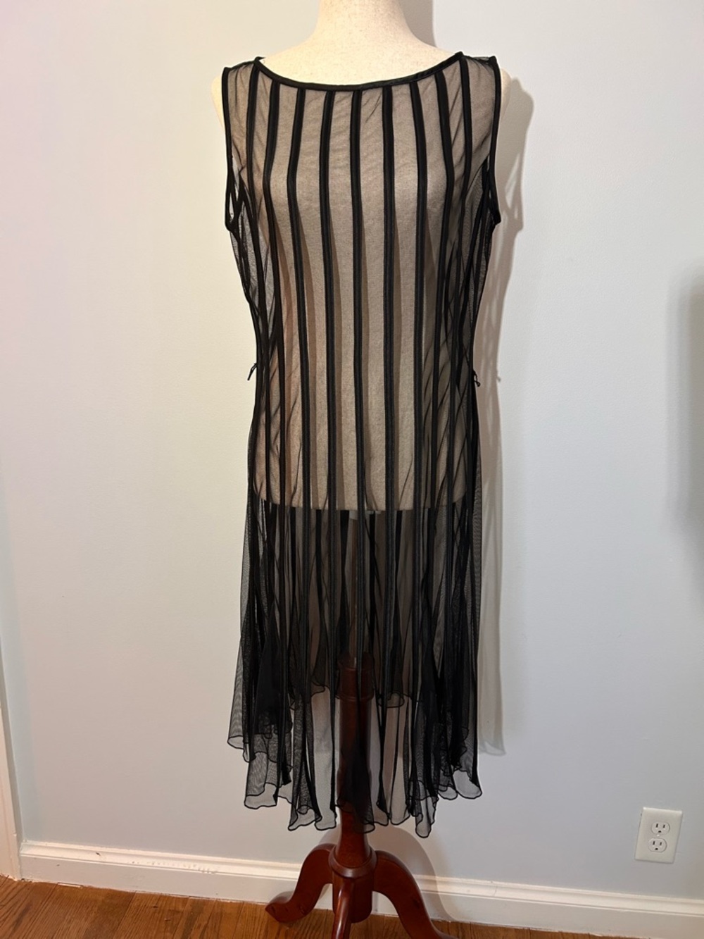 Black Sheer Vertical-Stripe Sleeveless Whimsigoth Dress